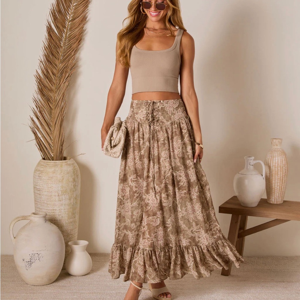 Floral Maxi Skirt in Beige